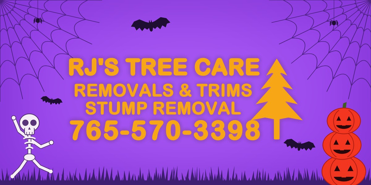 RJ's Tree Care digital sign ad with Halloween decorations: Removals and Trims, Stump Removal, 765-570-3398